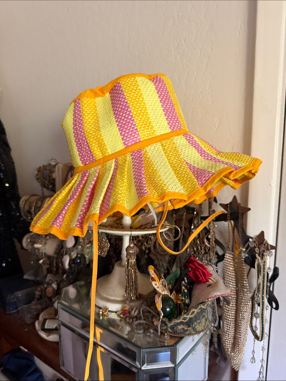 Source Unknown Yellow and Pink Striped Ruffled Sun Hat